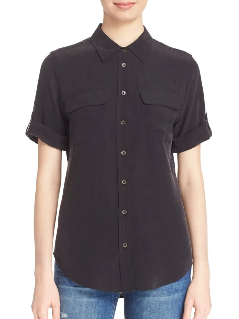 EQUIPMENT Slim Signature Black 100% Silk Short Sleeve Button Up Shirt, Size S